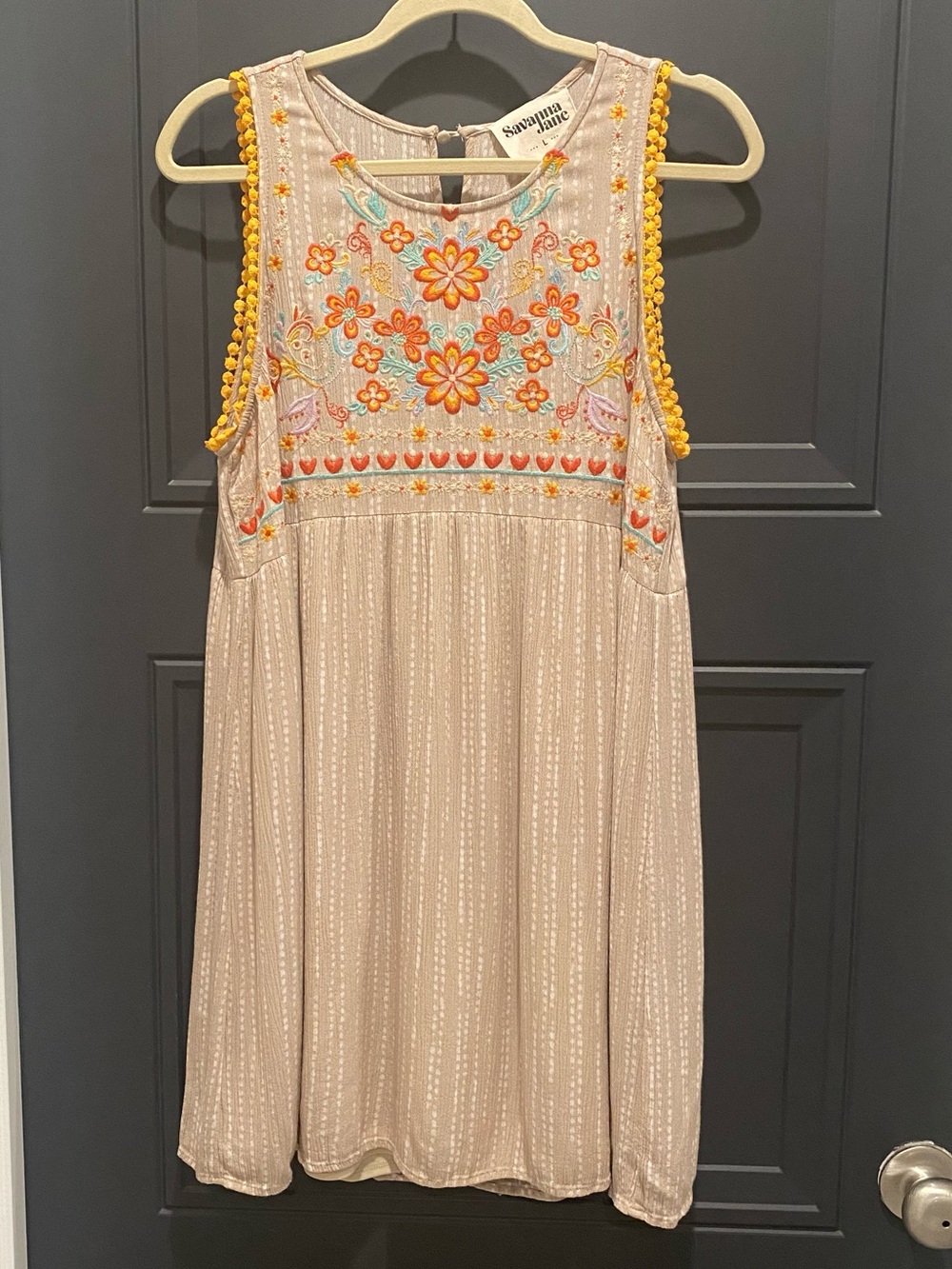 Savanna Jane Cream Sleeveless Embroidered Dress with Yellow Pom Trim